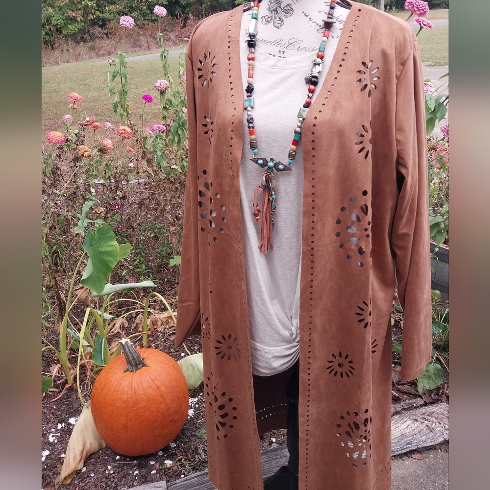 Brown BOHEMIAN Faux Suede Open-Front Lightweight Cardigan DUSTER  Jacket / Xl